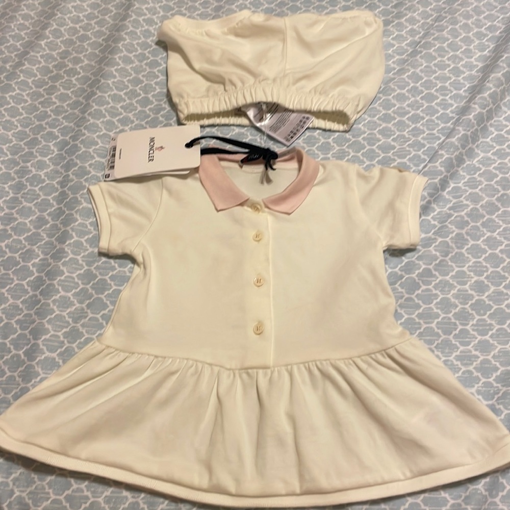Brand new Moncler infant polo dress with pant set size 9-12 months.